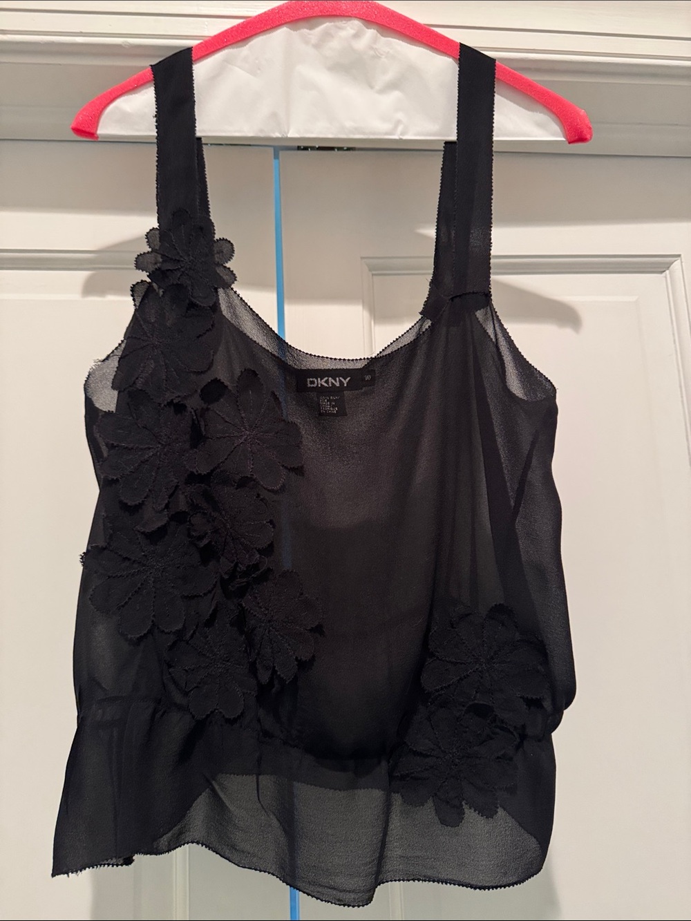 Vintage DKNY 100% Silk Sheer Black Tank Top with Floral Appliqué